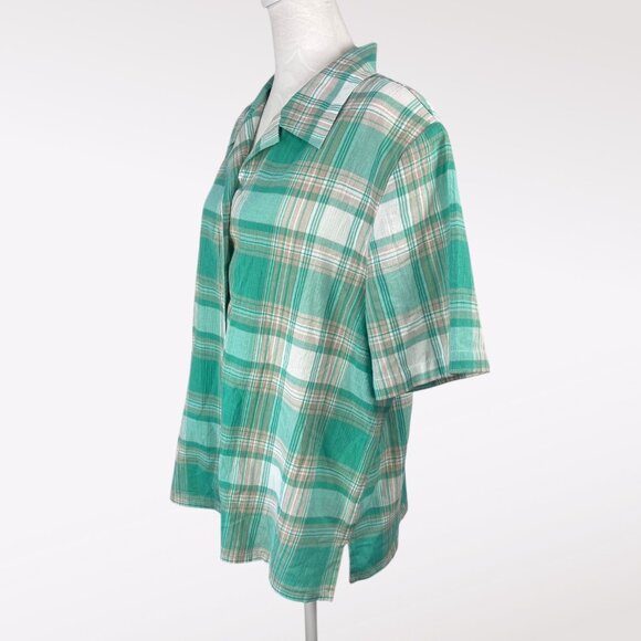 Allison Daley Green Plaid Button Front Blouse Short Sleeve Cotton 16 Petite - Picture 4 of 8